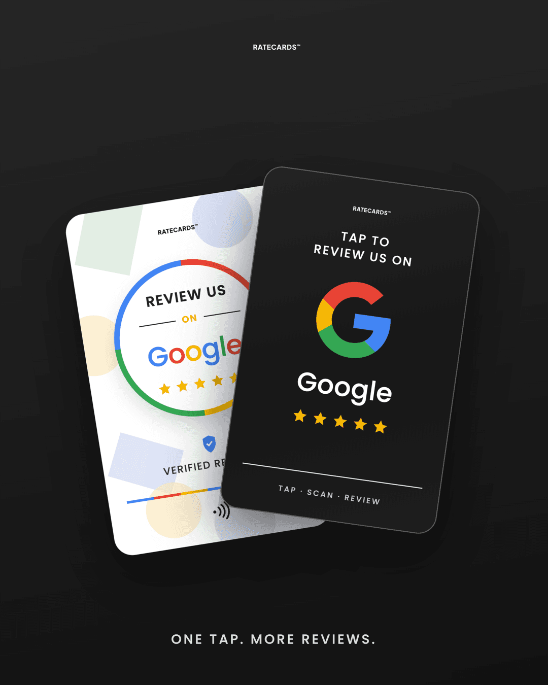 RATECARDS white and premium black NFC review cards — one tap, more reviews